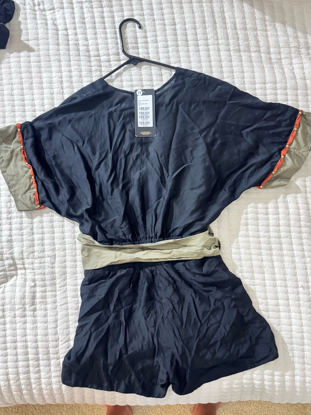 Black and Olive Short Sleeve Romper with Red Trim - Women's Jumpsuit